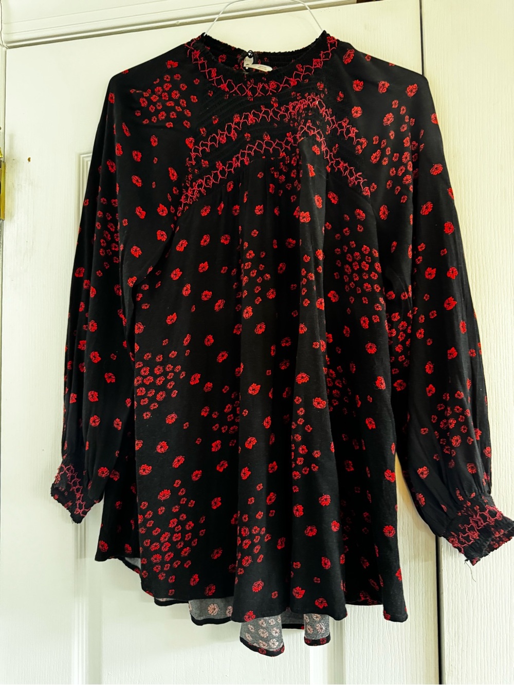Free People Black Tunic with Red Floral Smocking